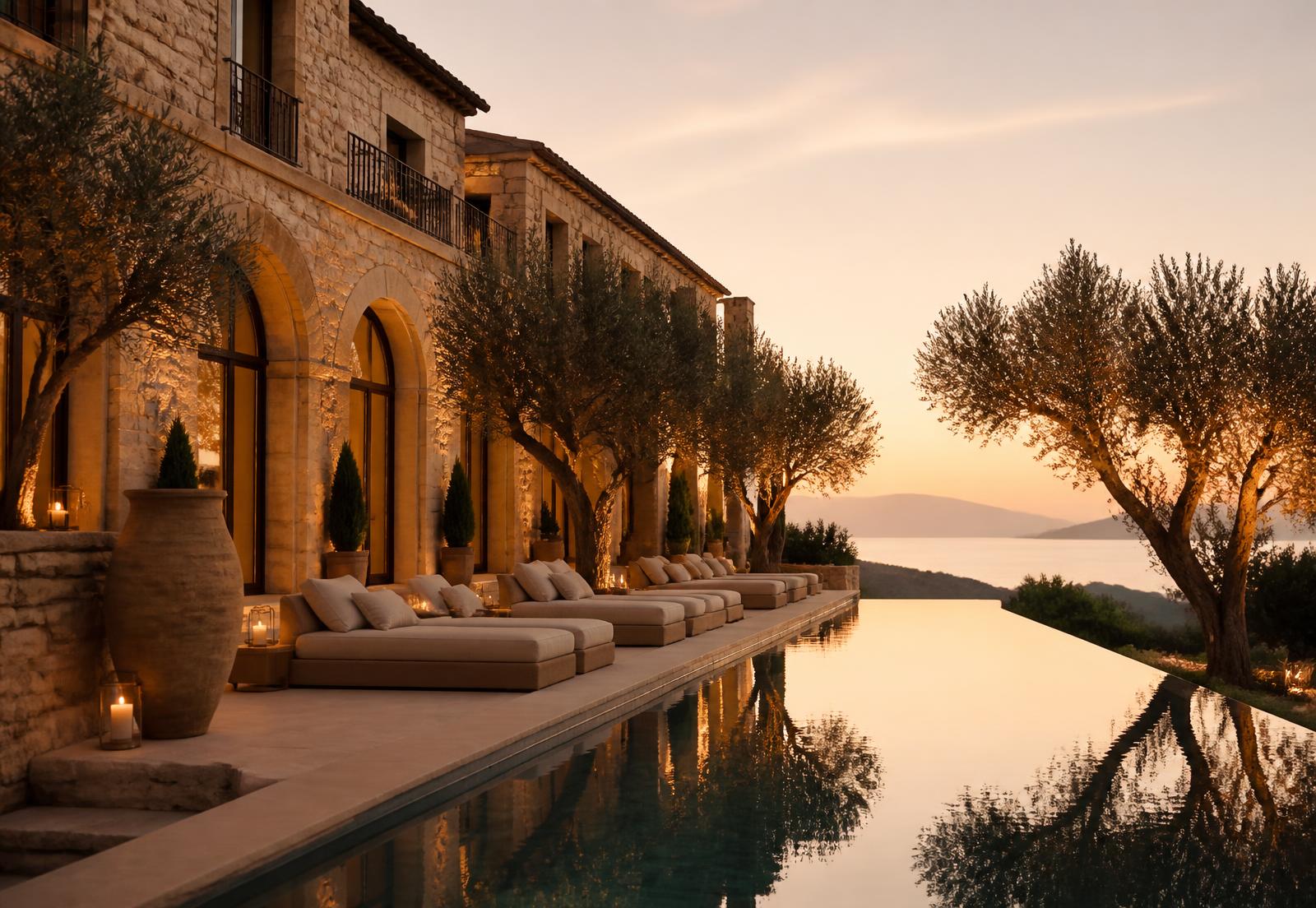 Luxury boutique hotel with stone architecture and infinity pool at golden hour