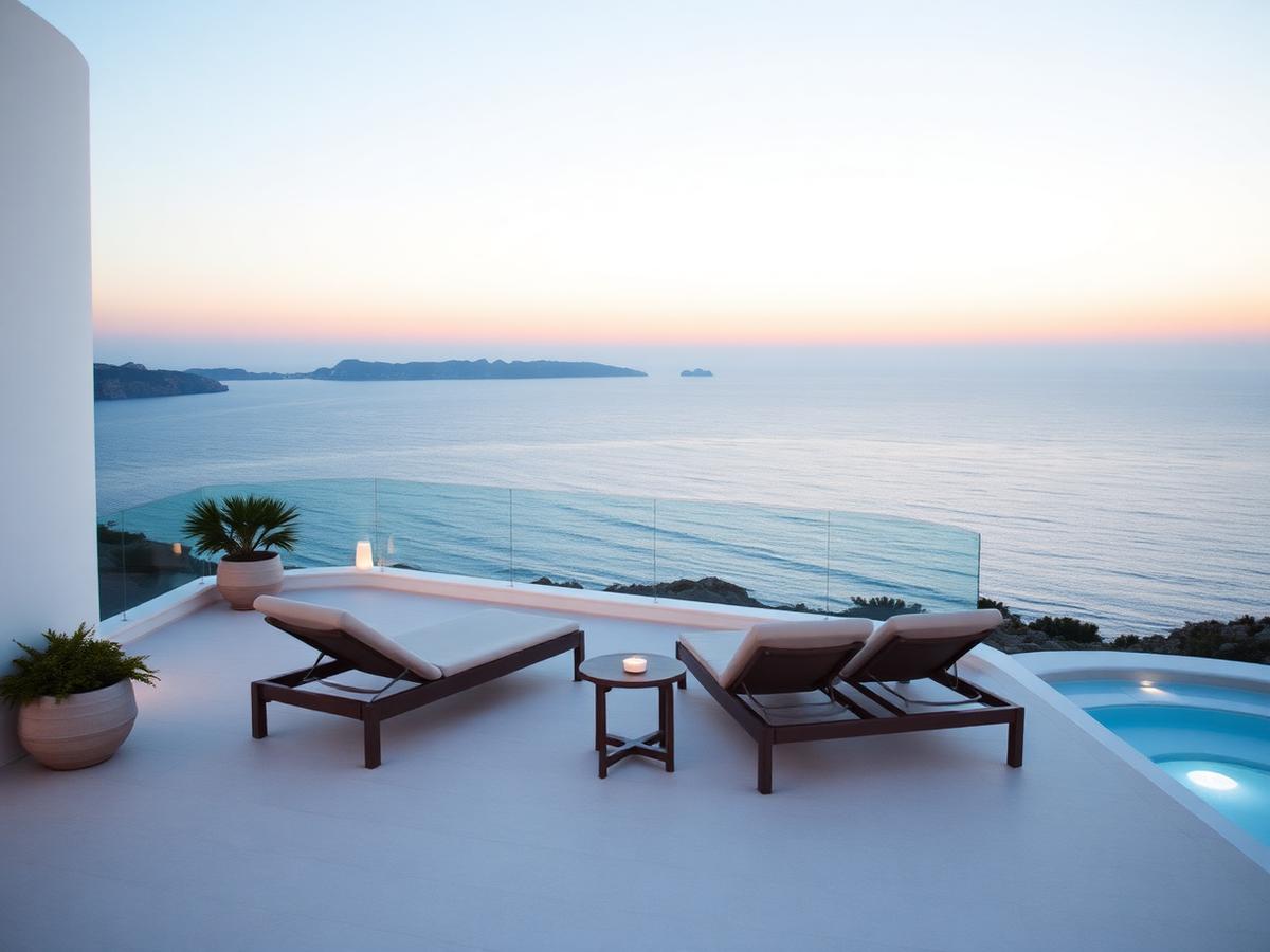 Luxury resort terrace overlooking the Mediterranean at dusk
